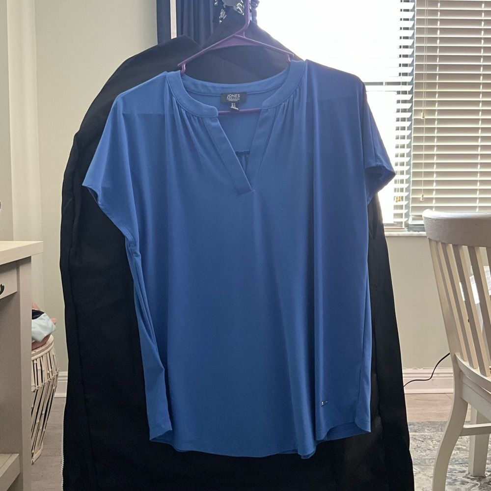 Jones New York Blue Relaxed Fit Mandarin Collar Blouse